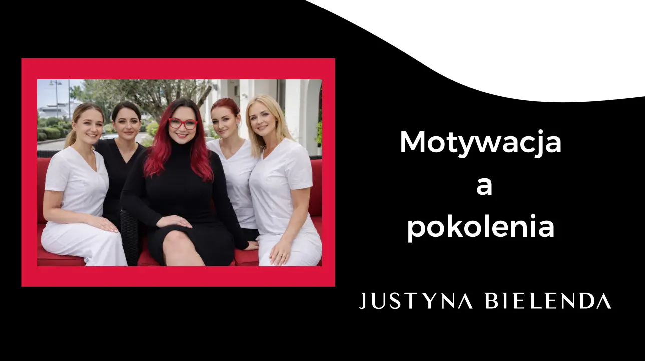 Justyna Bielenda otoczona młodymi kosmetologami obok napis: Motywacja a pokolenia