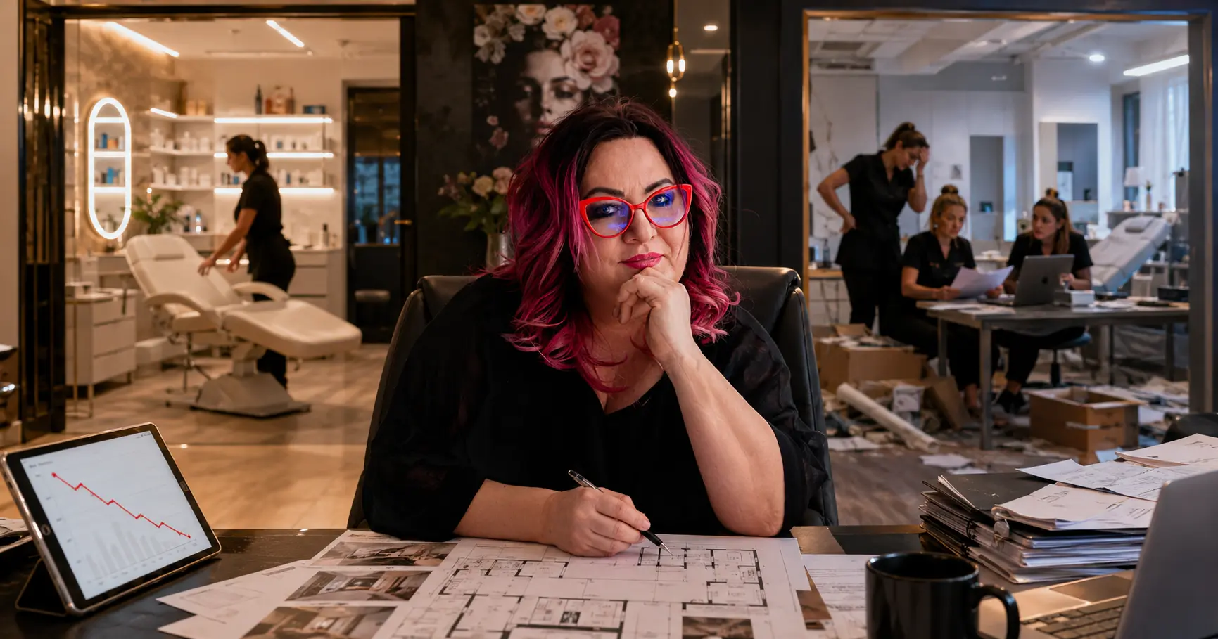 Strategiczne skalowanie drugiego oddziału kliniki beauty Właścicielka kliniki beauty analizuje plany rozwoju drugiego oddziału, podczas gdy w tle widać kontrast między dobrze działającą lokalizacją a zespołem zmagającym się z chaosem organizacyjnym i błędami w zarządzaniu.