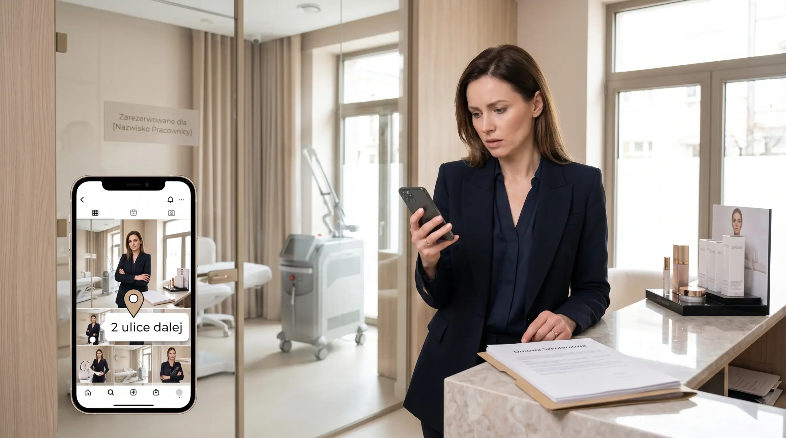 Bezpieczeństwo prawne i ochrona know-how w klinice kosmetycznej Zaniepokojona właścicielka kliniki beauty w ciemnej marynarce analizuje smartfon, opierając się o marmurową recepcję. Na blacie leży otwarta teczka z dokumentem prawnym i eleganckim piórem. W tle widoczny jest nowoczesny gabinet z zaawansowanym laserem zabiegowym.