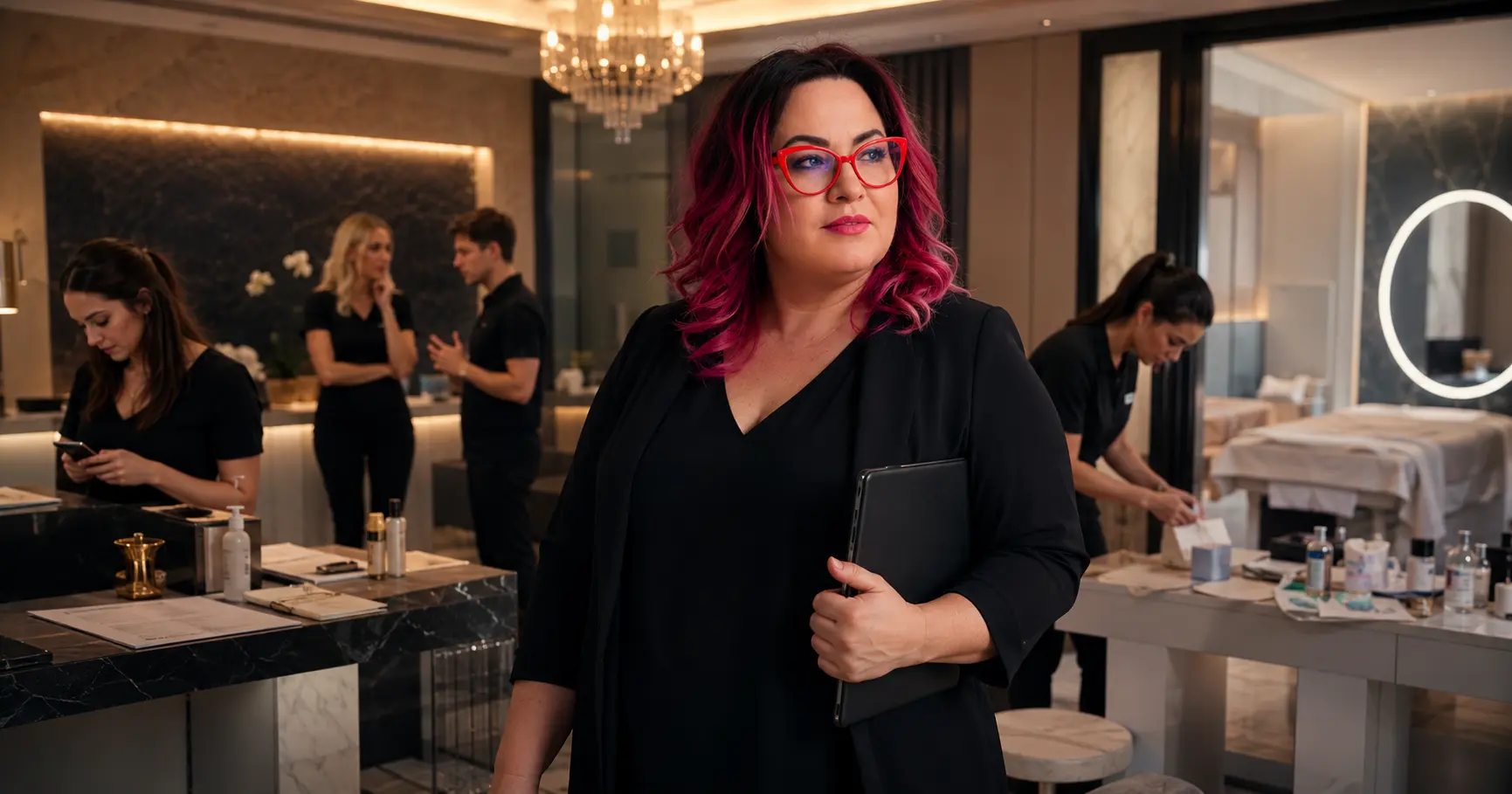 Wartość liderki a kultura zespołu w klinice beauty Właścicielka kliniki premium stoi w eleganckim wnętrzu, obserwując zespół, którego postawa i sposób pracy nie są spójne ze standardami marki, co symbolizuje potrzebę resetu kultury organizacyjnej.