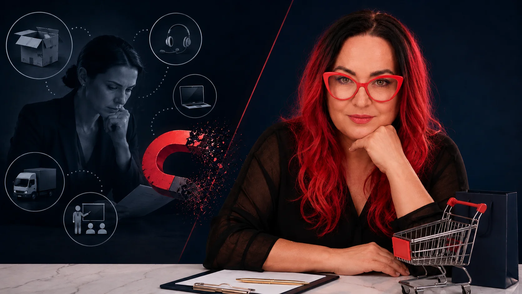 Psychologia klienta B2B dlaczego salon nie wraca Justyna Bielenda z delikatnym uśmiechem patrzy w obiektyw, Obok widać grafikę z zmartwioną kobietą z różnymi problemami które ukazują sie w dymku.