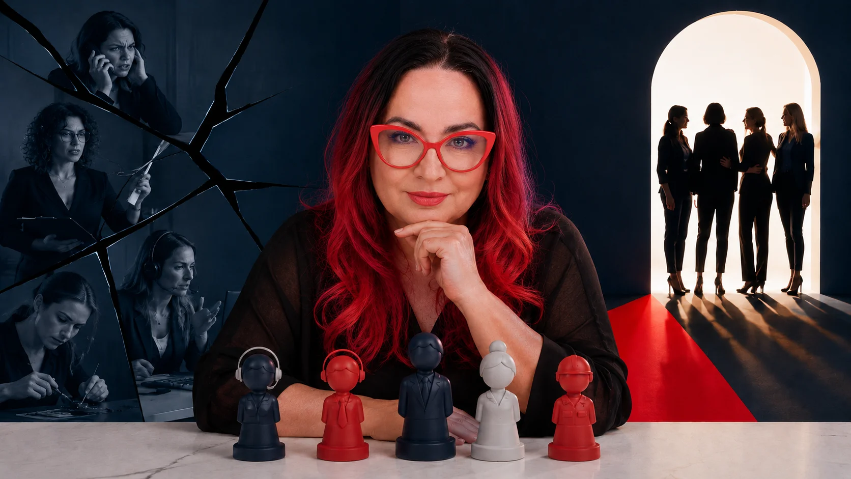 Justyna Bielenda na środku grafiki z delikatnym uśmiechem. Po lewej w tle widać 4 osoby z różnych działów które wyglądają na zmartwione. Po prawej w przejściu pewne siebie 4 osoby, które są oświetlone.