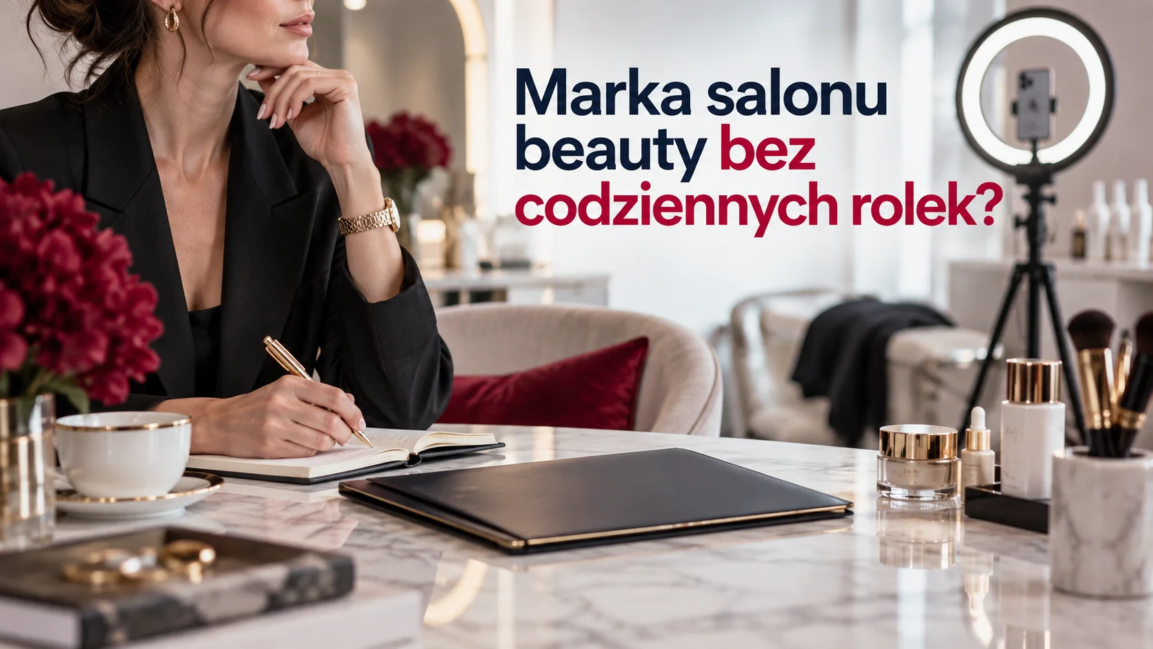 grafika-blog-bez-zbednych-rolek Grafika przedstawia elegancką zamyśloną kobietę, w tle ring light z telefonem. Napis na grafice: Marka salonu beauty: bez codziennych rolek?