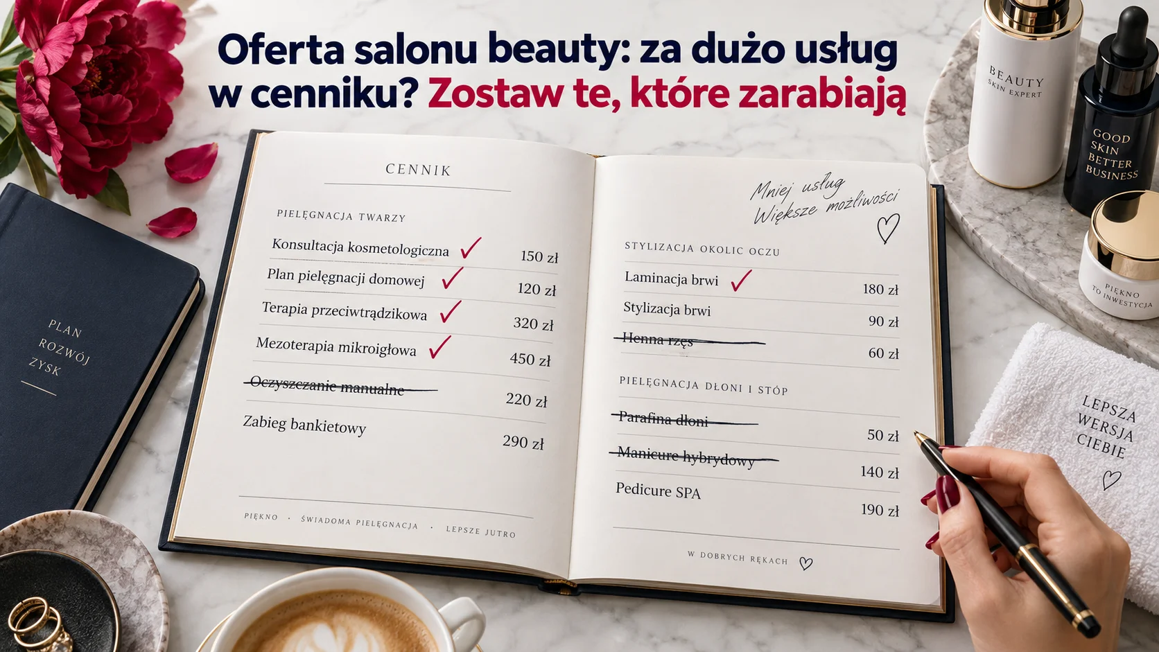 grafika-blog-cennik-oferta2 Grafika przedstawia cennik salonu beauty z poprawkami, niektóre pozycje są przekreślone niektóre zaakceptowane